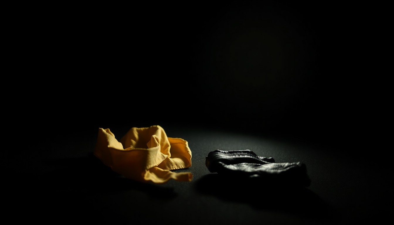 An extreme close-up photograph of a discarded item of clothing or broken object, lit by a harsh, direct camera flash against a pitch-black background, conceptually representing the discovery of a body in the waterway.