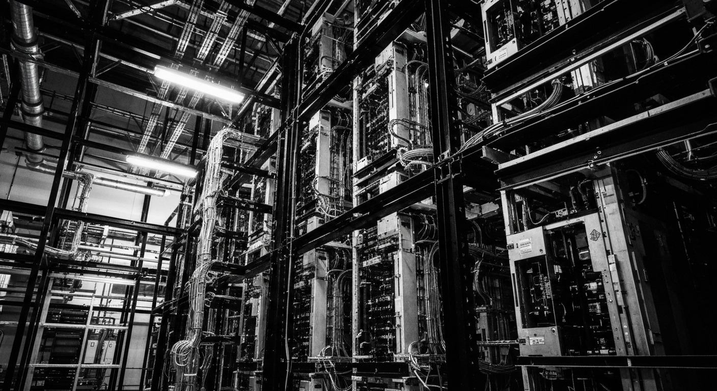 A high-contrast black and white close-up image of the intricate machinery and infrastructure inside a modern data center, conveying the industrial power and complexity of the data center industry.