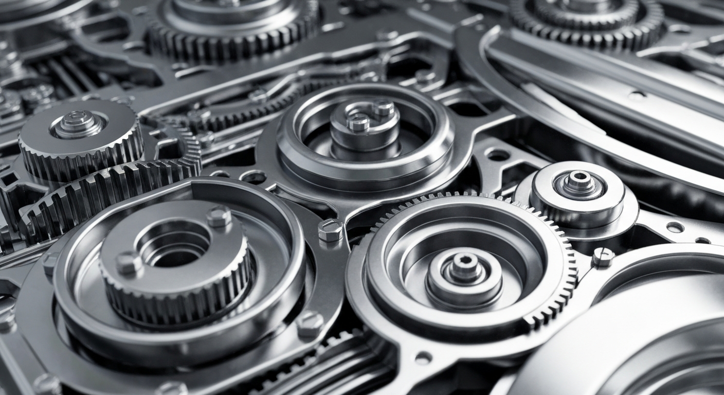 An extreme close-up of highly detailed, polished metal gears and mechanical components, conveying the industrial might and financial complexity of the semiconductor sector.