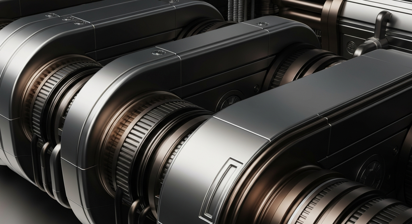 An extreme close-up of gleaming, heavy-duty industrial machinery and equipment in shades of steel grey, bronze, and black, conveying the robust, secure nature of the digital infrastructure powering modern data centers and communication networks.