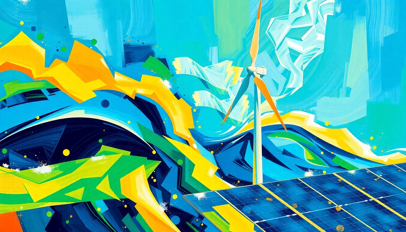 A vibrant, abstract painting featuring overlapping, geometric shapes and waves of bright blue, green, and yellow colors, representing the dynamic growth of India's wind and solar power sectors in contrast to New York's stalled renewable energy transition.