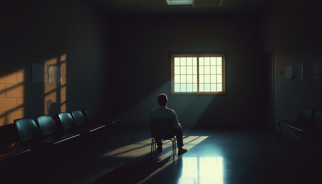 A cinematic painting in the style of Edward Hopper depicting a lone Mexican immigrant sitting in a dimly lit ICE detention center visiting room, the warm light casting deep shadows and conveying a sense of isolation and despair.