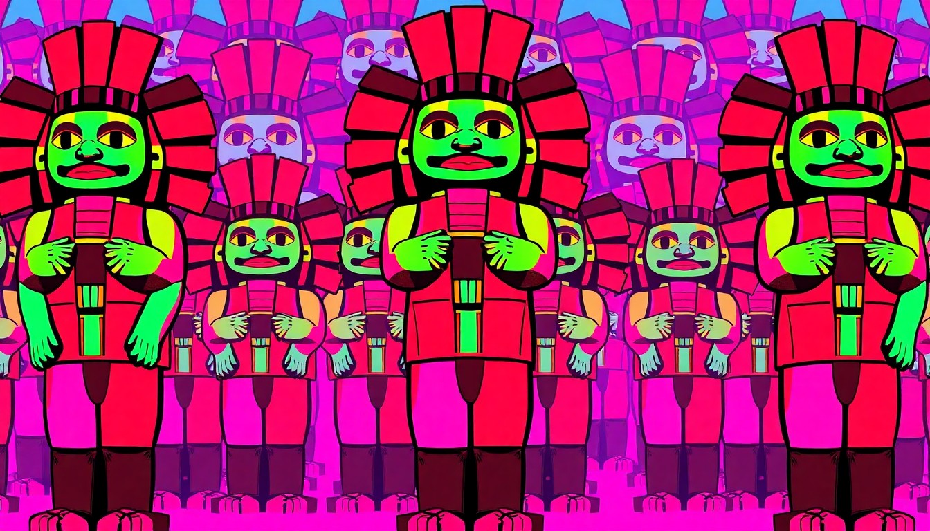 A brightly colored, high-contrast silkscreen print of the massive Kachina doll statue, an iconic 40-foot-tall cement and steel structure representing a Hopi corn maiden dancer and serving as a cultural landmark in the Arizona desert.