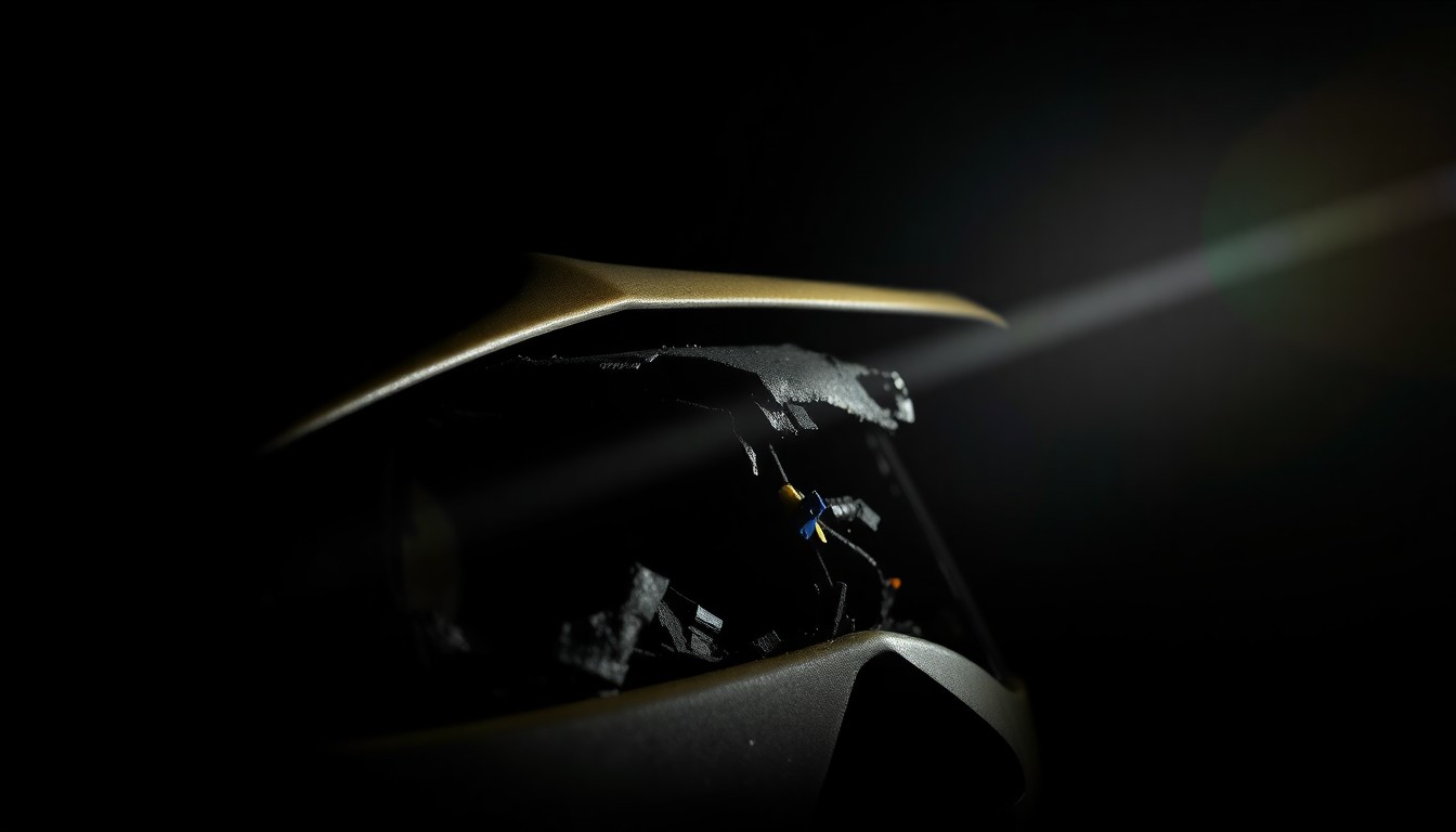 An extreme close-up photograph of a damaged car part or piece of debris from the school bus crash, capturing the gritty, investigative aesthetic of Weegee's harsh flash photography style.