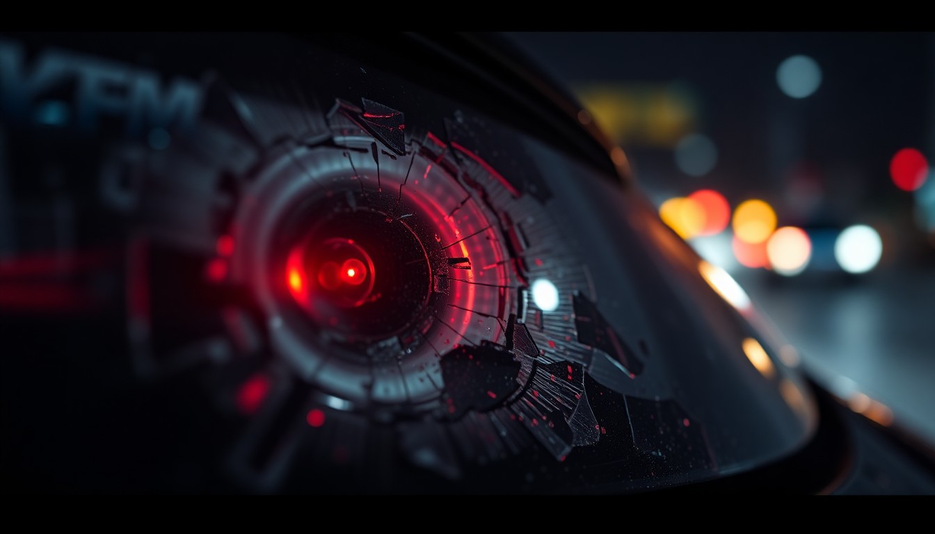 An extreme close-up photograph of a shattered car sensor lens reflecting a faint red light, conceptually representing the aftermath of a collision between emergency and public transit vehicles.