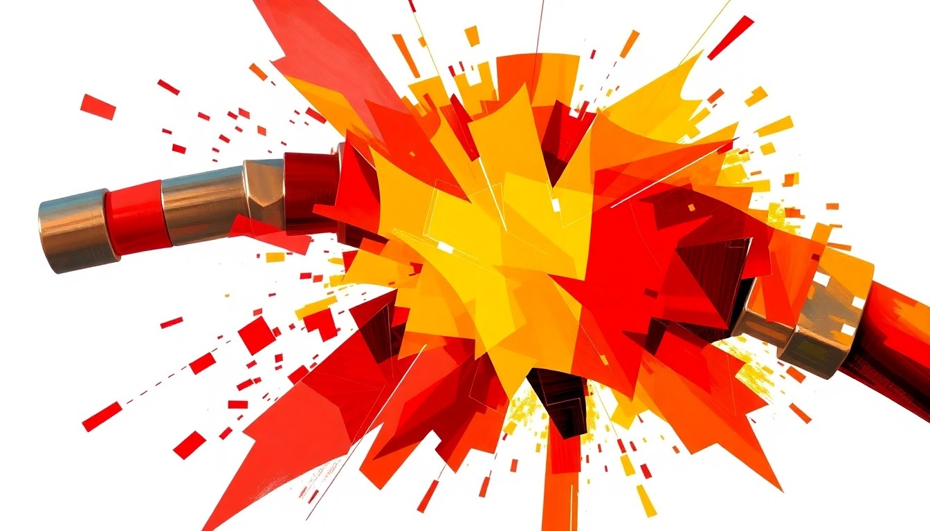 A dynamic, abstract painting of a gas pump handle in a fractured, overlapping style, using bold red, orange, and yellow colors to convey the volatility of rising fuel prices.