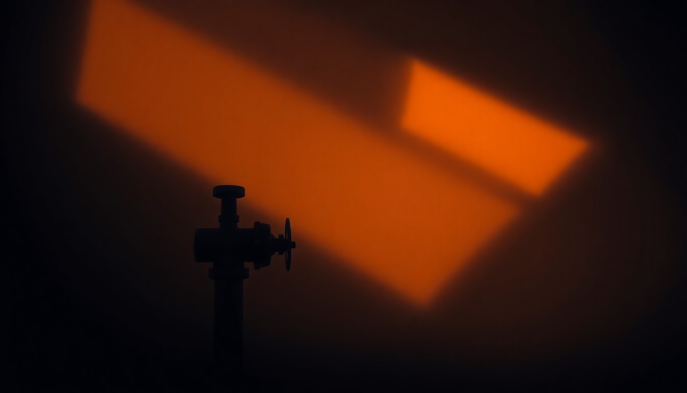 A serene, photorealistic painting of a lone natural gas pipeline valve or meter in an urban setting, with warm sunlight casting deep shadows across the metal surface, conveying a sense of quiet contemplation about the complex energy policy debates.