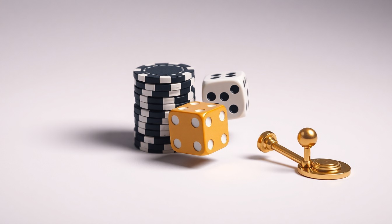 A high-end, photorealistic studio still-life photograph featuring a stack of casino chips, a pair of dice, and a gold-plated slot machine lever floating on a clean, monochromatic background, symbolizing the abstract concepts of corporate strategy, finance, and risk in the casino industry.