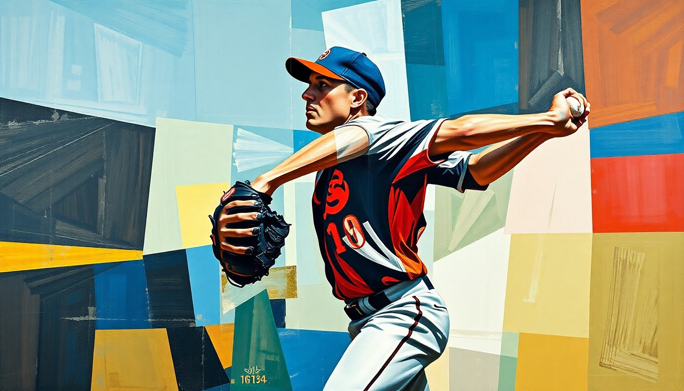 A fragmented, geometric painting depicting the various angles and perspectives of a baseball pitcher's wind-up and delivery, conveying the raw power and movement of the sport.
