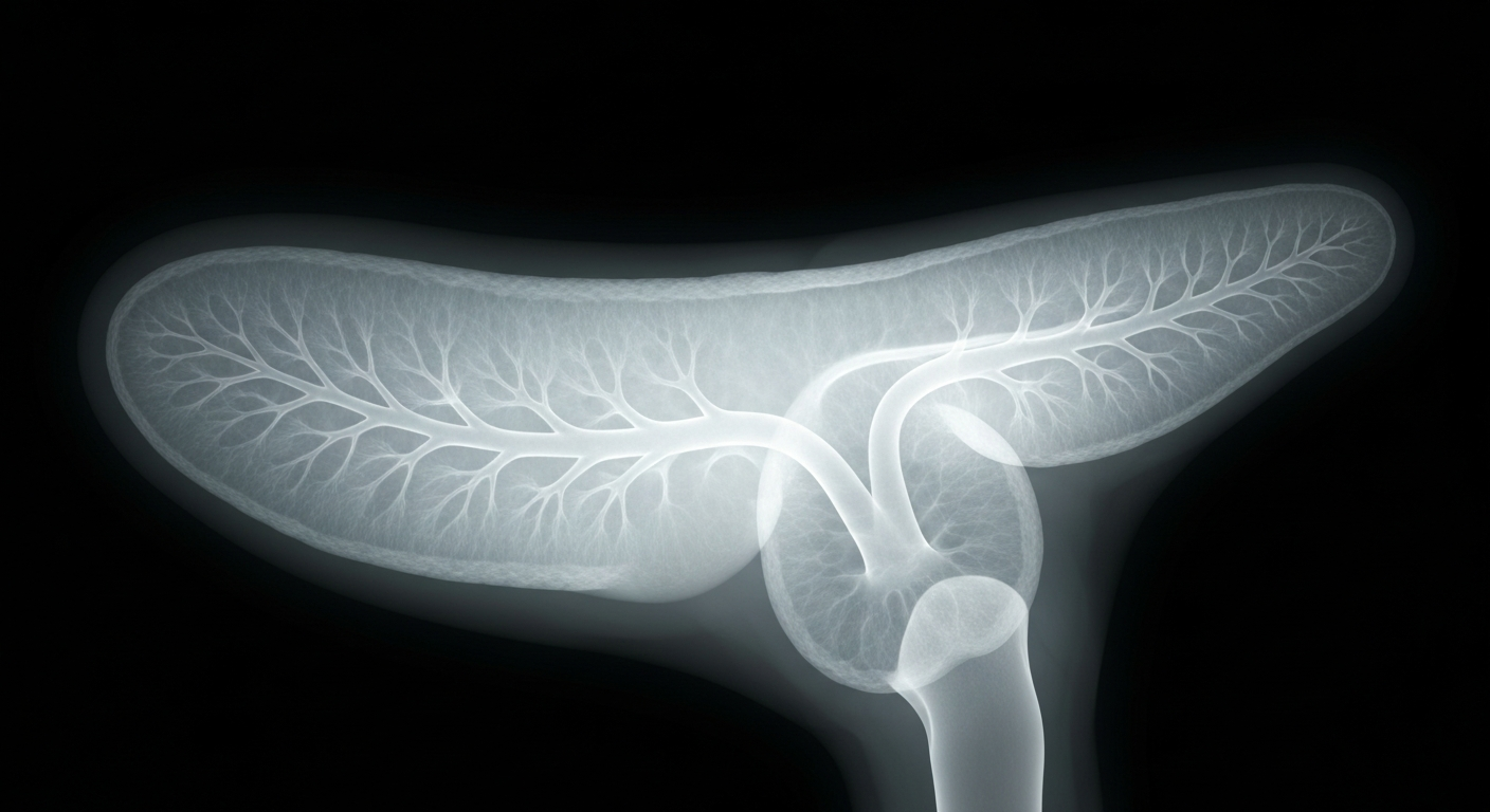 A ghostly, translucent X-ray image revealing the intricate internal structure of a human pancreas, conceptually illustrating the potential of a new drug to treat this deadly form of cancer.