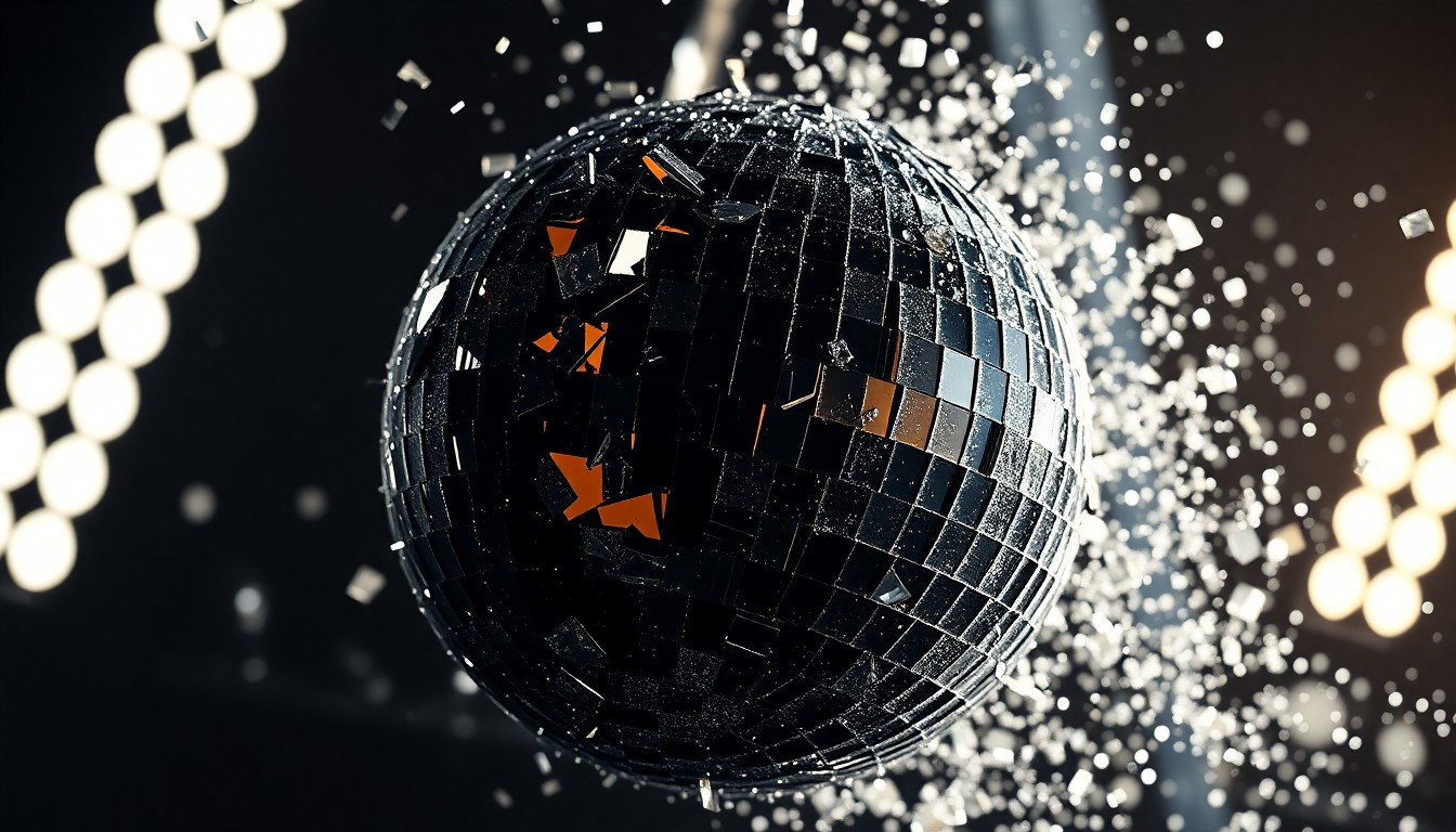 An abstract close-up photograph of shattered, glittering disco ball fragments under dramatic studio lighting, conveying the glamour and energy of the music industry.