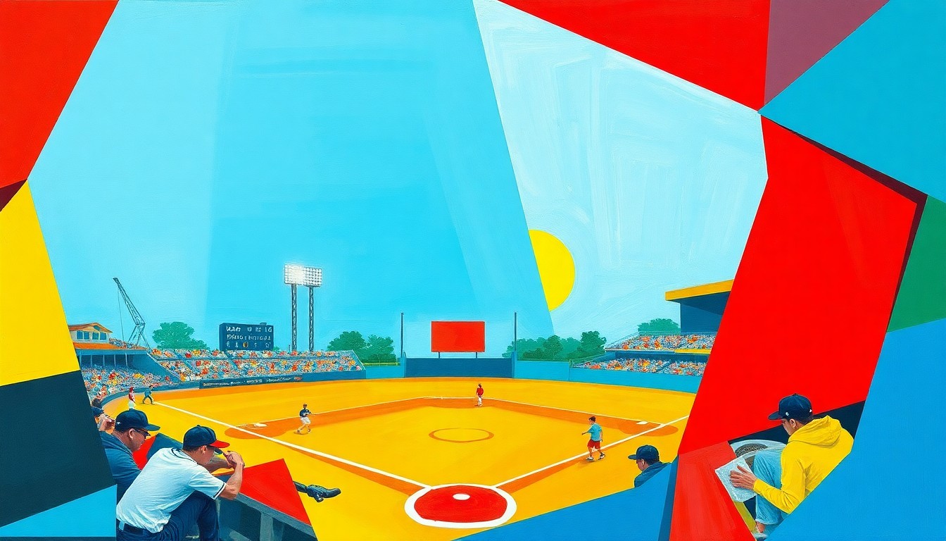 A fragmented, geometric painting in bold primary colors depicting the dynamic movements and energy of a high school baseball game, with players and the field broken down into sharp, overlapping planes.