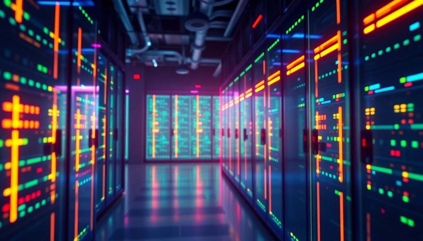 A highly detailed, glowing 3D illustration of a futuristic data center, with pulsing neon lights and intricate cybernetic hardware, conceptually representing the critical digital infrastructure that the Cybersecurity and Infrastructure Security Agency is responsible for protecting.