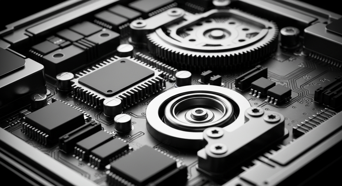 A high-contrast, close-up image of the intricate inner workings of a computer processor, conveying the sophisticated engineering and manufacturing behind the technology that powers modern computing.