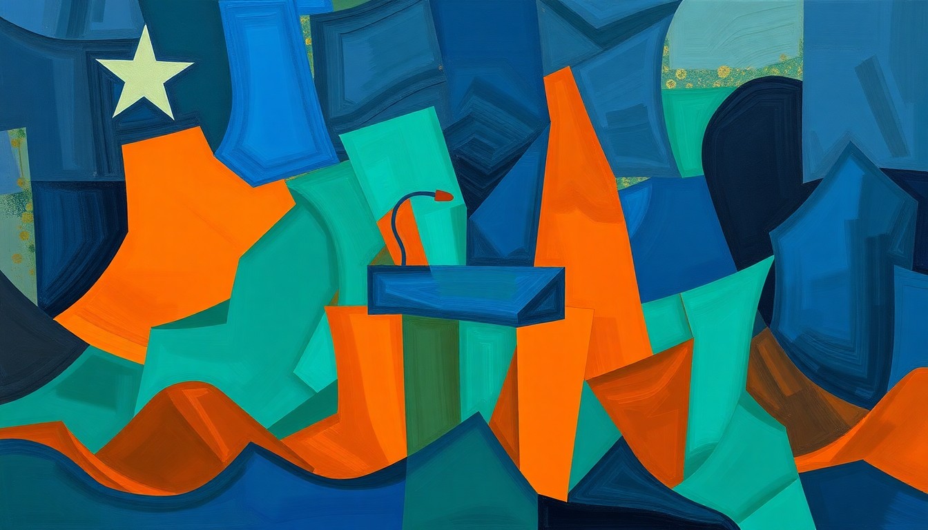 A fragmented, abstract painting of a political symbol like a podium or gavel in overlapping waves of vibrant blue, green, and orange, conveying the unsettled and chaotic nature of the California governor's race.