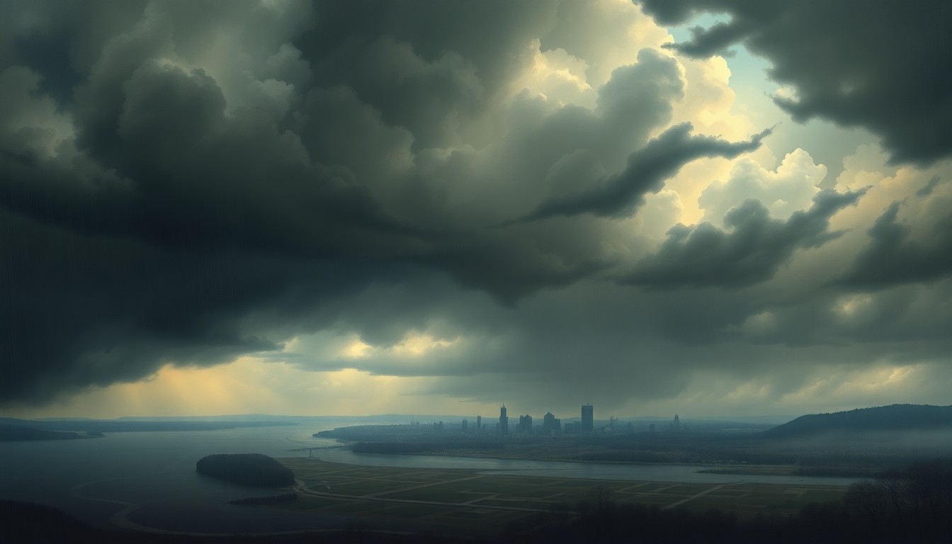 A sweeping, atmospheric landscape painting in muted tones of grey, blue, and green, depicting a stormy sky over a river with the distant silhouette of a city skyline, the landmarks obscured by heavy rain and dark clouds, conveying the overwhelming power of nature.