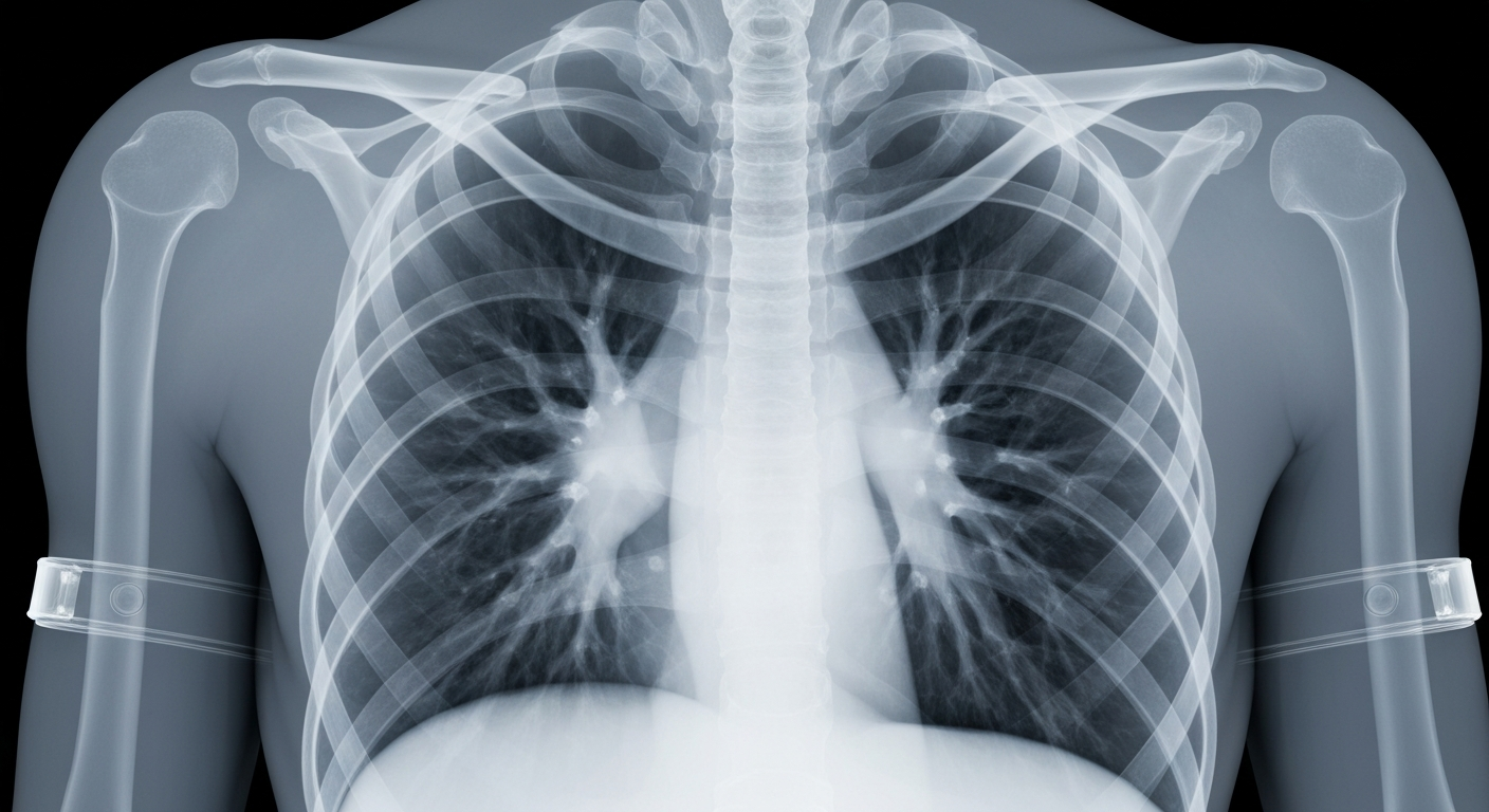 An extreme close-up, translucent X-ray image revealing the internal structure of a human torso and lungs, with a faint outline of restraints pressing down on the chest, conceptually illustrating the risks of using prone restraint techniques on mental health patients.