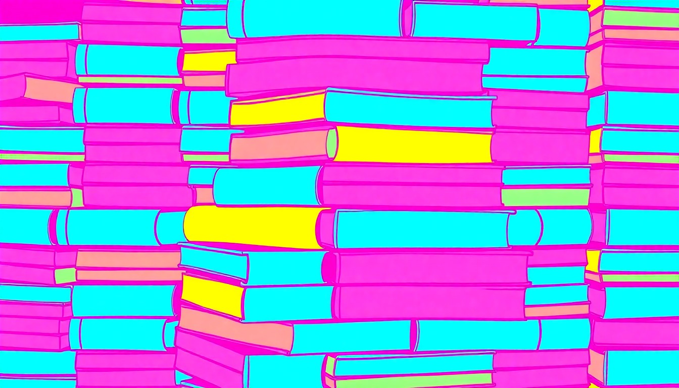 A repeating grid of brightly colored, high-contrast silkscreen images depicting a stack of textbooks in electric blue, hot pink, and highlighter yellow, conceptually representing the ongoing debate over grading policies and academic standards in South Carolina schools.