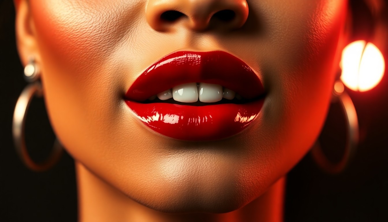 An extreme close-up photograph of a bold, glossy red lip in dramatic studio lighting, capturing the high-fashion glamour and luxury texture of Rihanna's iconic beauty brand.