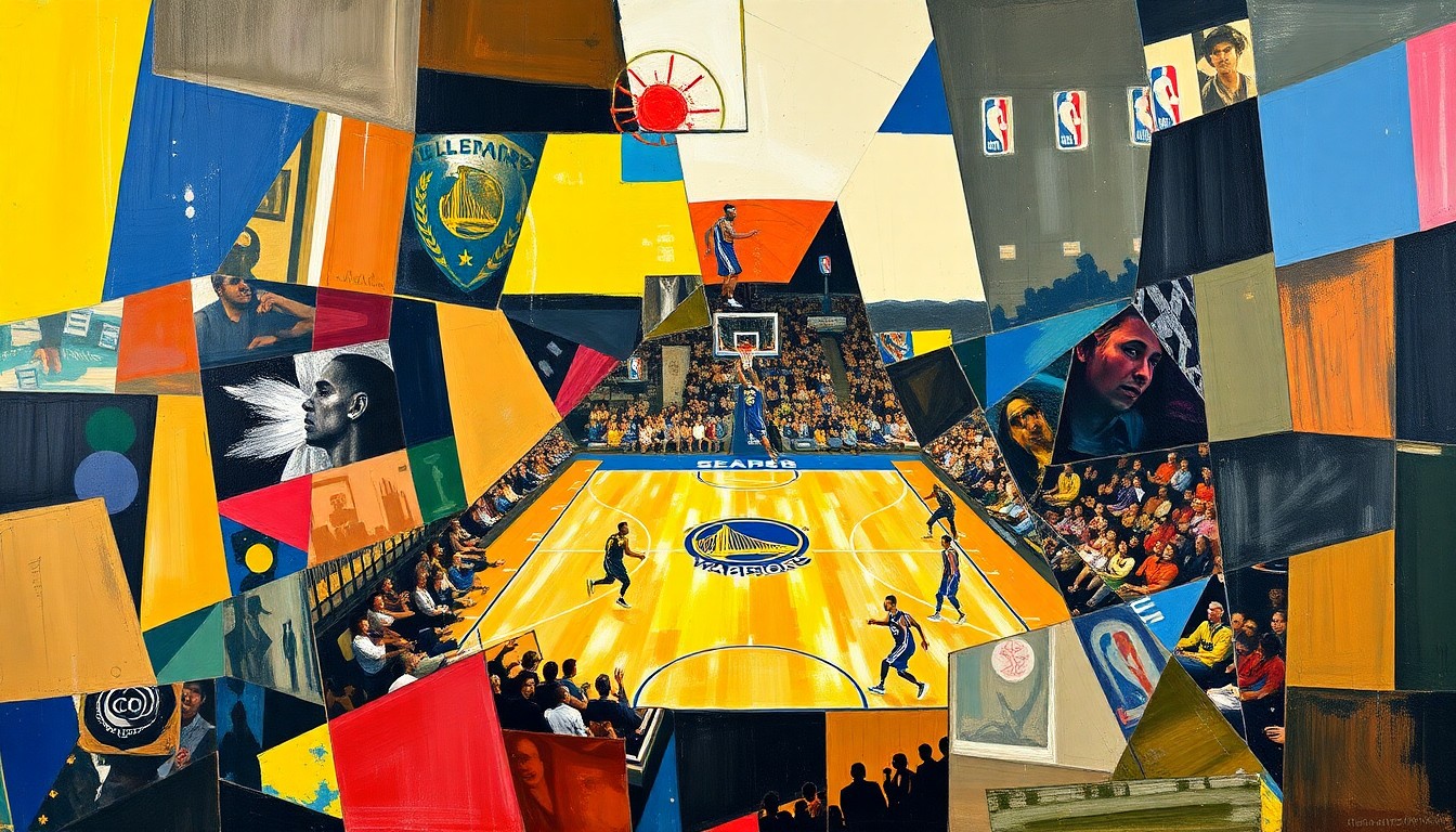 A fragmented, geometric painting depicting a basketball game, with sharp planes of color and form representing the action on the court without any recognizable players or teams.