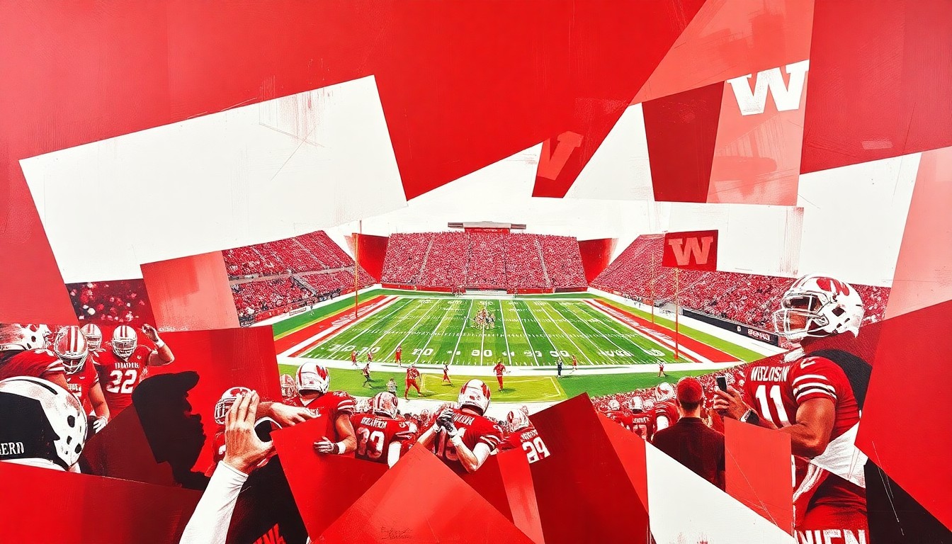 A cubist, geometric painting in red and white tones, depicting a fragmented and deconstructed view of a football game or match, representing the coach's focus on winning despite changes in the athletic department.