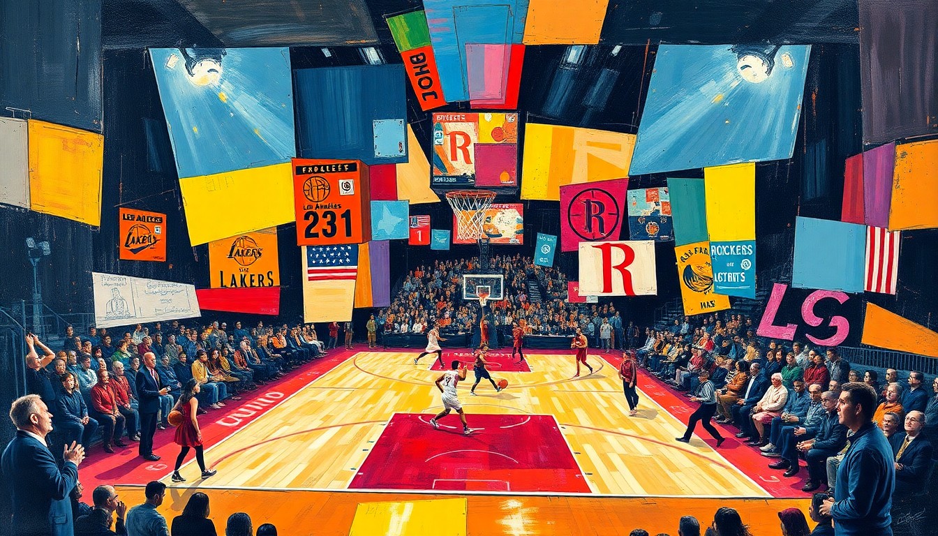 A cubist, geometric painting depicting a fragmented basketball game, with sharp, overlapping planes of color and form representing the Lakers and Rockets players and action on the court.
