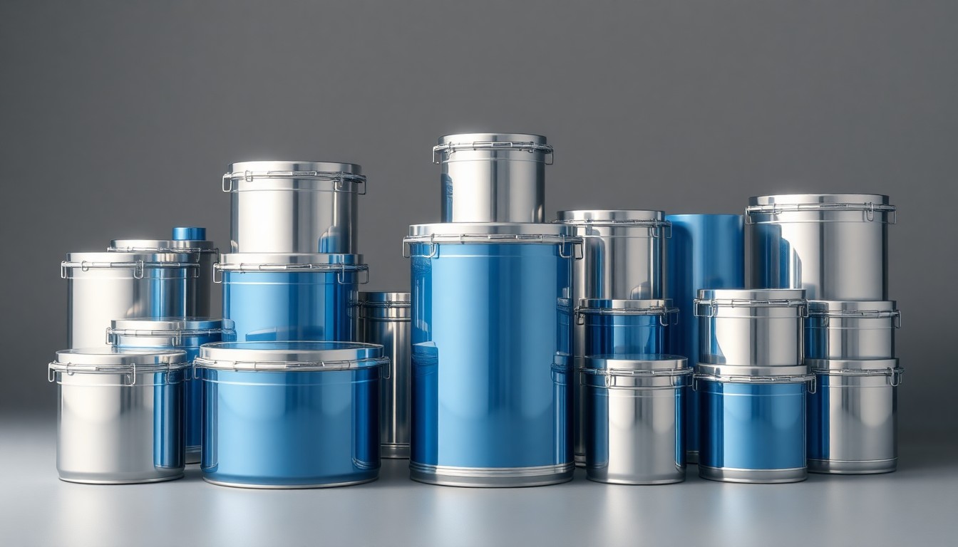 A photorealistic studio still life featuring a collection of sleek, polished metal and glass containers in shades of silver, blue, and white, conceptually representing Echo Global Logistics' temperature-controlled transportation and storage services.