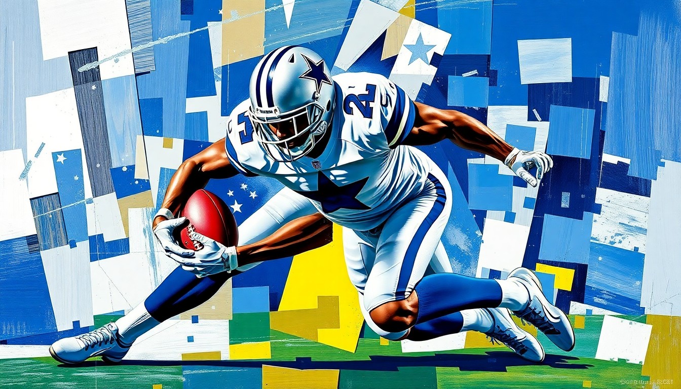 A cubist-style painting depicting a football player in mid-tackle, their body broken down into sharp, overlapping geometric shapes in the colors of the Dallas Cowboys' uniform.