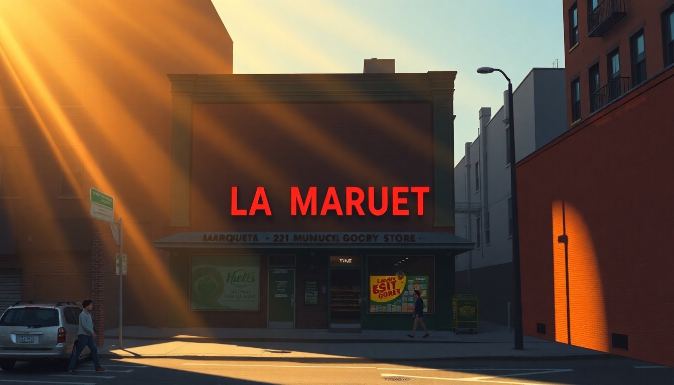 A cinematic painting of the La Marqueta building in East Harlem, with warm sunlight and deep shadows casting over the street and a few people walking by, conceptually representing the city's new initiative to open a public grocery store in the neighborhood.