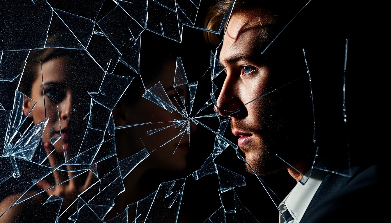 An extreme macro photograph of shattered glass and glittering reflections, capturing the dramatic, high-contrast lighting and abstract textures to conceptually represent the fractured relationship between Lena Dunham and Adam Driver.