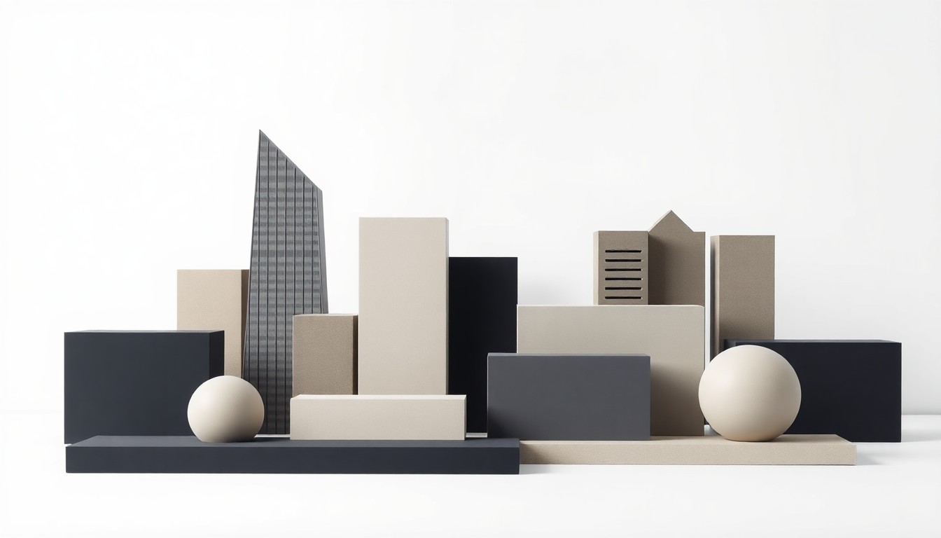 A minimalist, photorealistic studio still life featuring a collection of smooth, geometric shapes in muted tones, symbolizing the abstract concepts of commercial real estate and urban redevelopment.