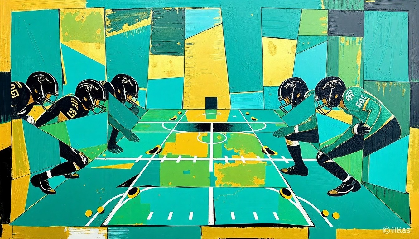 A cubist, geometric painting depicting an offensive line formation, with sharp, overlapping planes of teal, gold, and black colors representing the complex nature of evaluating and addressing the Jaguars' interior line needs.