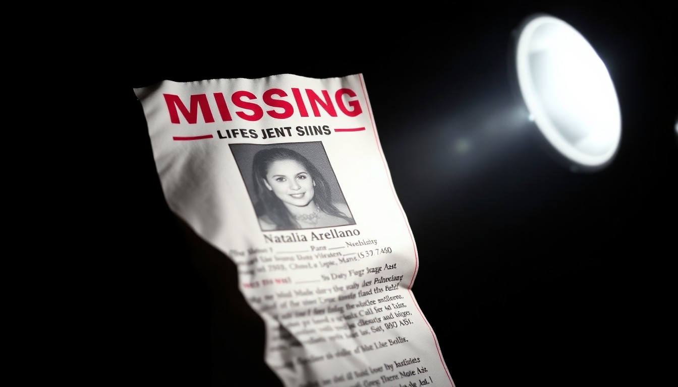 An extreme close-up photograph of a crumpled missing persons flyer with a photo of a young girl, conceptually illustrating the serious and investigative nature of this missing persons case.