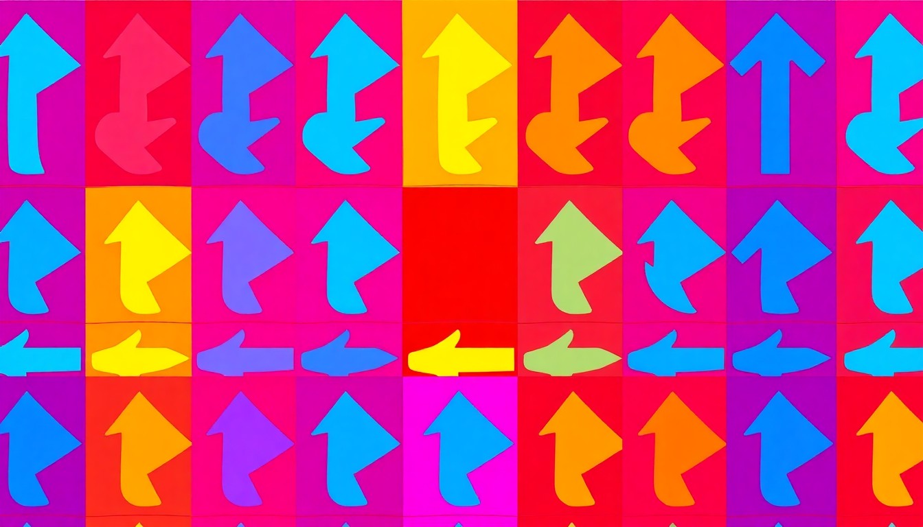 A brightly colored, high-contrast silkscreen print of a single, iconic wayfinding sign repeated in a tight grid pattern, utilizing flat, vibrant neon colors and heavy black outlines to transform the everyday municipal object into modern pop art.