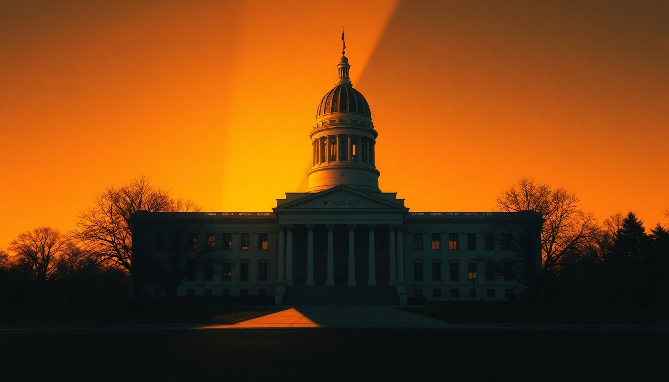 A photorealistic oil painting depicting the Wisconsin state capitol building in soft, warm lighting, with deep shadows and a sense of solitude, conveying the quiet importance of the political process.