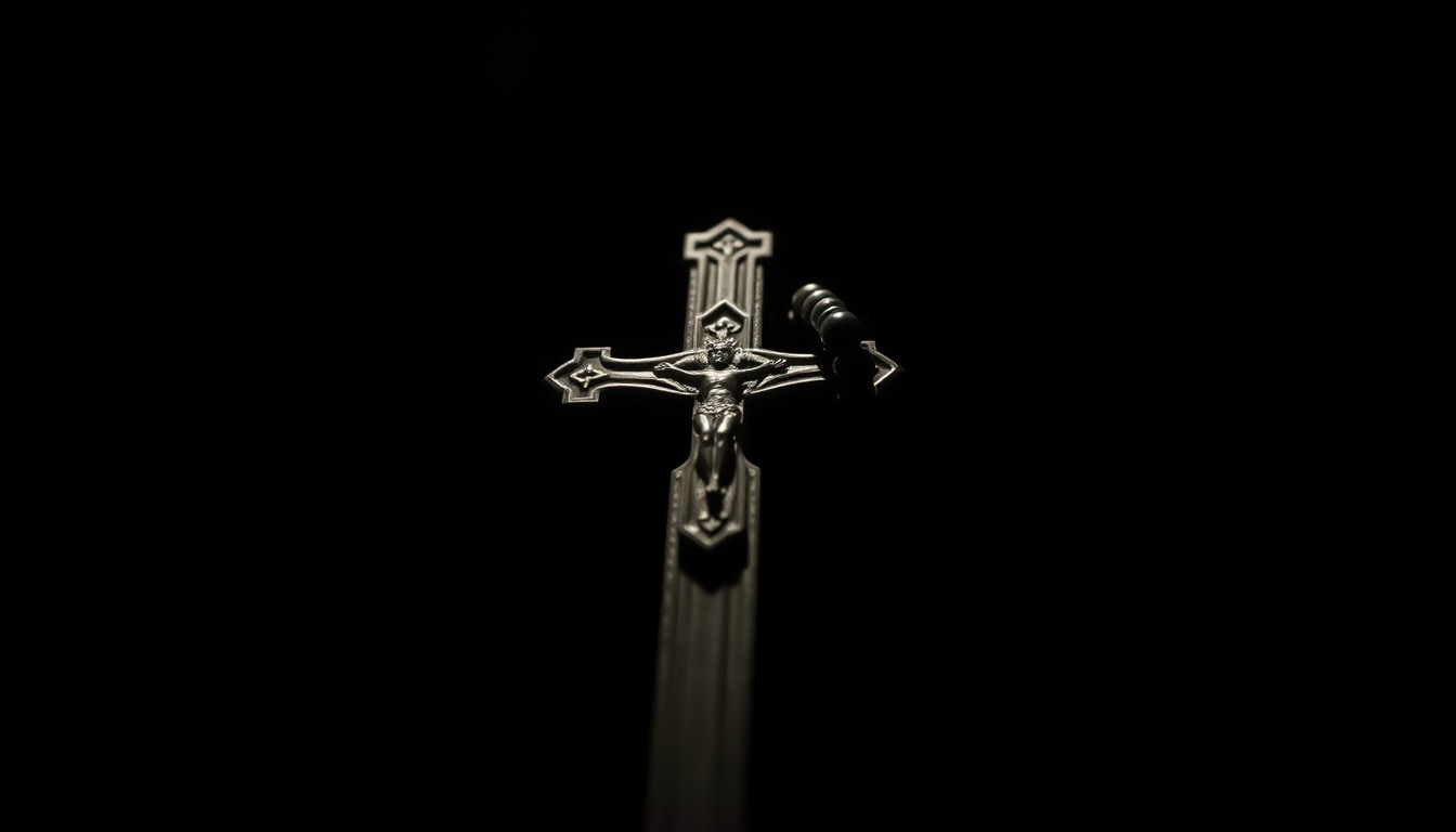 An extreme close-up photograph of a religious artifact, such as a cross or rosary beads, lit by a harsh, direct camera flash against a pitch-black background, conceptually illustrating the stark, gritty nature of the investigation into clergy sexual abuse.