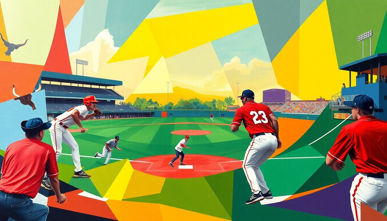 A cubist, geometric painting depicting a high school baseball game, with the players and field reduced to abstracted shapes and angles in the team colors of Lockney and Quanah.
