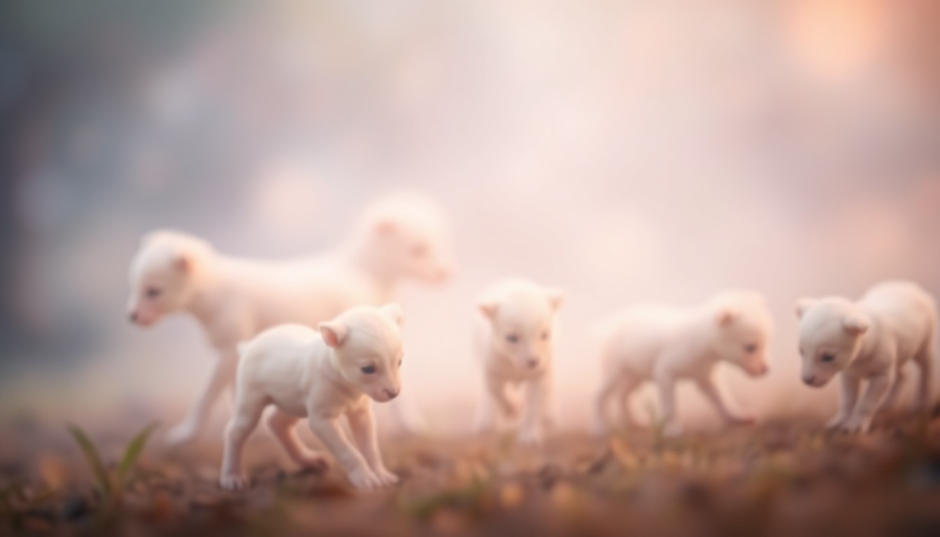 An extremely blurred, impressionistic photograph depicting a soft, hazy scene of baby animals playing in a dreamlike, pastel-colored setting, conveying a sense of warmth, wonder, and the beauty of new life.