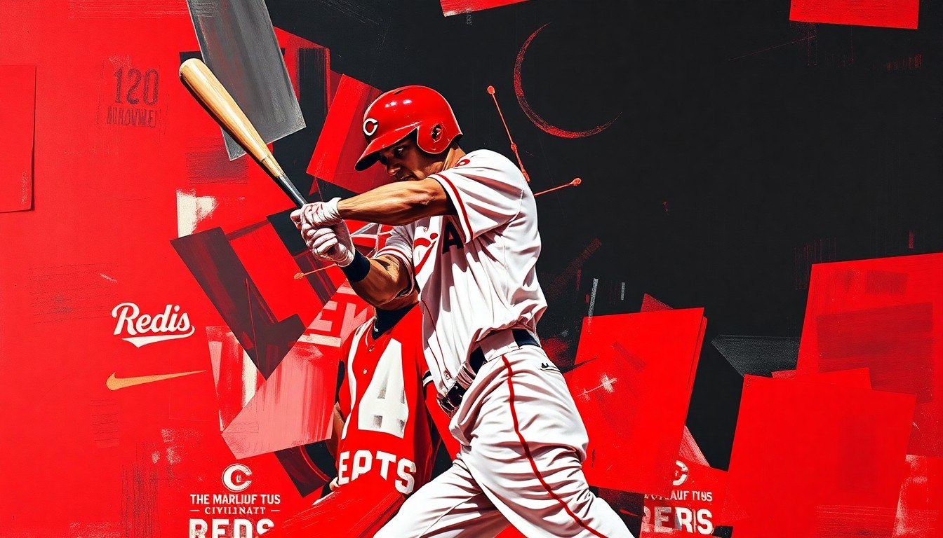 A fragmented, geometric painting depicting the overlapping planes and angles of a baseball player's batting motion, rendered in the bold colors of the Cincinnati Reds uniform.