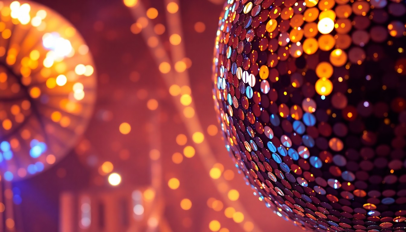 An abstract close-up photograph featuring a dramatic, high-contrast composition of shimmering sequins and glittering disco ball textures, evoking the glamour and excitement of a major music festival.