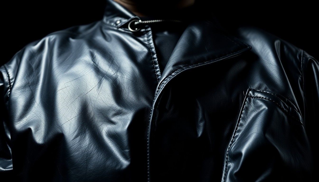 An extreme close-up photograph of a crumpled, shiny black leather jacket in dramatic high-contrast studio lighting, conceptually representing the gritty, high-stakes celebrity culture surrounding Kanye West.