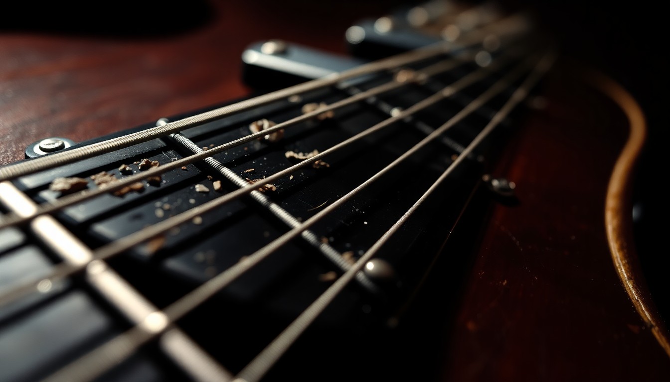 An extreme close-up photograph of Bruce Springsteen's guitar strings, capturing the worn and weathered texture of the instrument in dramatic, high-contrast studio lighting to evoke the rock legend's powerful and gritty musical style.