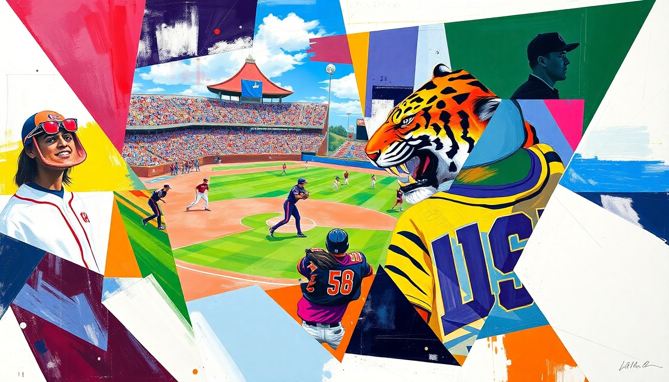 A fragmented, geometric painting depicting a softball game, with the colors and shapes of the Louisiana Ragin' Cajuns and LSU Tigers uniforms colliding in a dynamic, abstract composition.