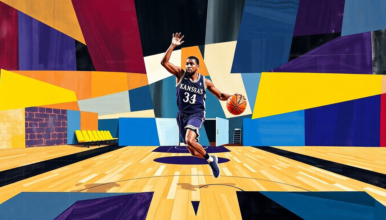 A fractured, multi-perspective painting depicting the movements and positioning of a basketball player on the court, broken down into sharp, overlapping geometric planes in the style of Pablo Picasso. The dominant colors are the official team colors of Kansas State and Georgetown.