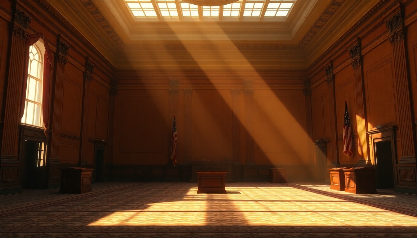 A dimly lit, cinematic painting of an empty government office or political chamber, with warm sunlight streaming in through the windows and casting deep shadows across the room, conveying a sense of solemnity and the weight of history.