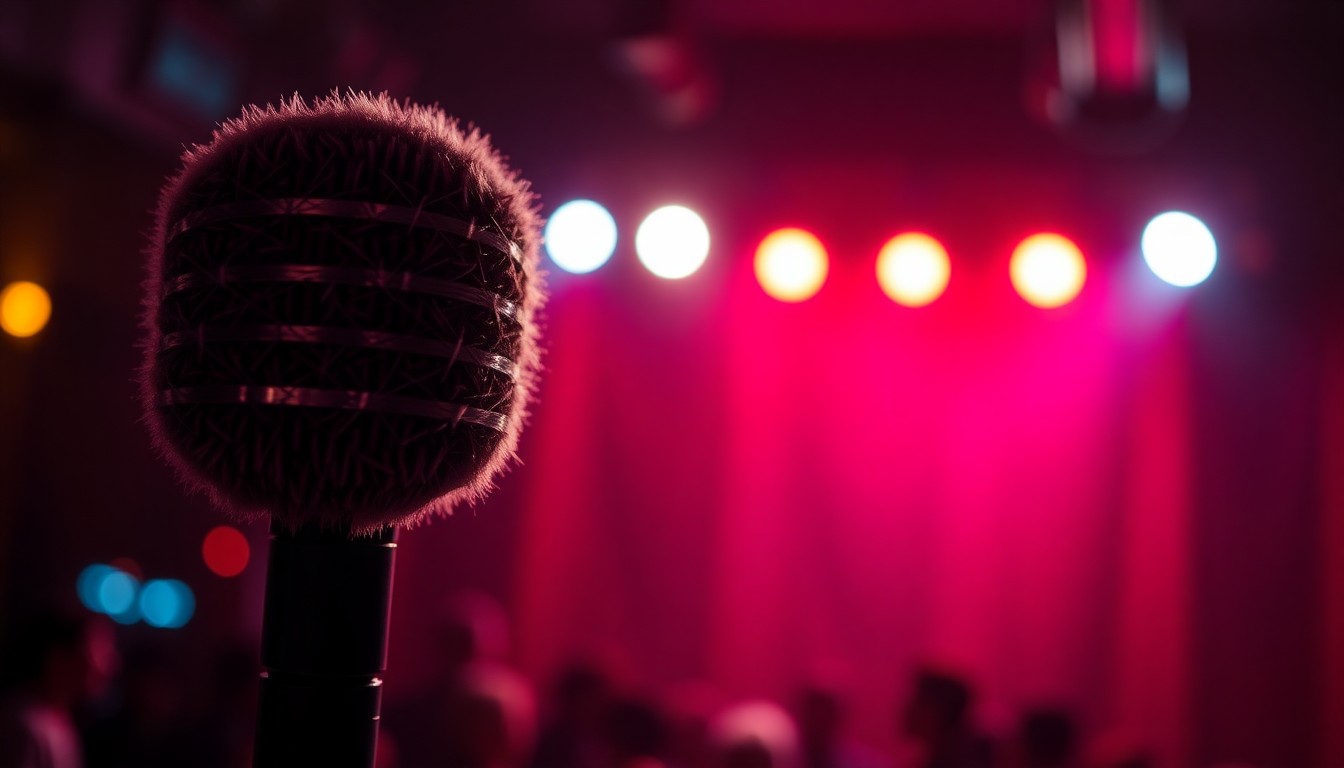 An extreme close-up photograph of a plush, velvety microphone in a dimly lit performance venue, capturing the intimate and high-energy atmosphere of a comedy show through dramatic, high-contrast studio lighting.