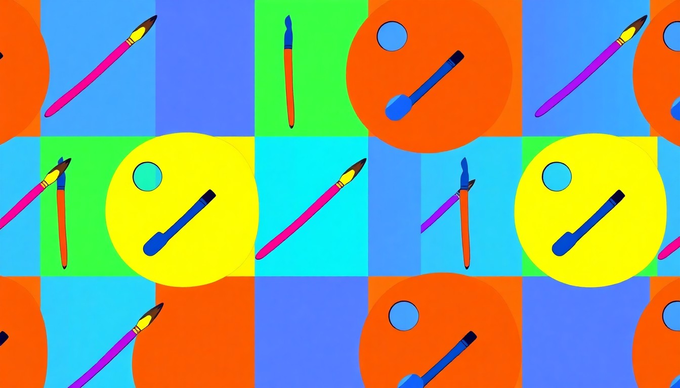 A vibrant, silkscreen-style grid of colorful paintbrushes, palettes, and sketchpads, conceptually representing the essential tools and materials used by working artists in the San Diego-Tijuana region.