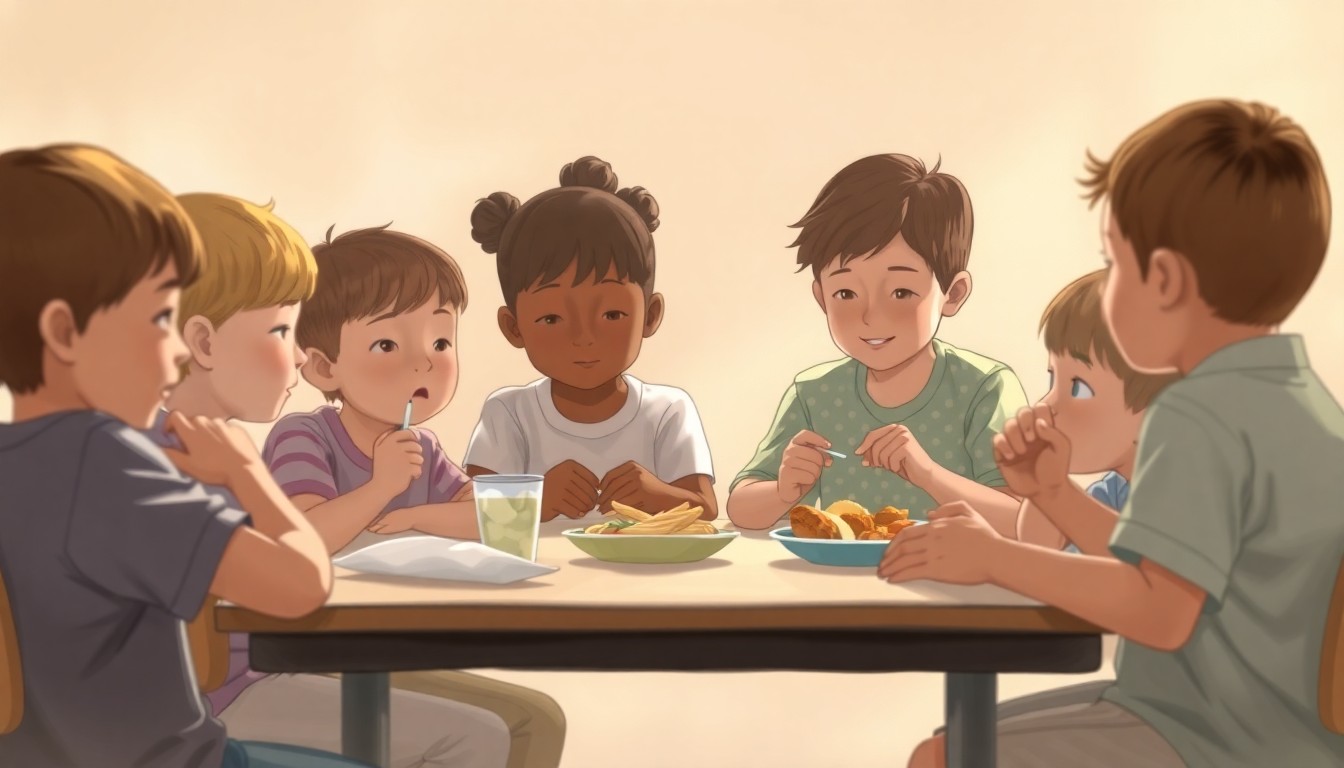 An abstract, out-of-focus photograph showing the blurred silhouettes of several children seated around a table, their hands and body language suggesting they are tasting and discussing various food items in a relaxed, conversational setting.