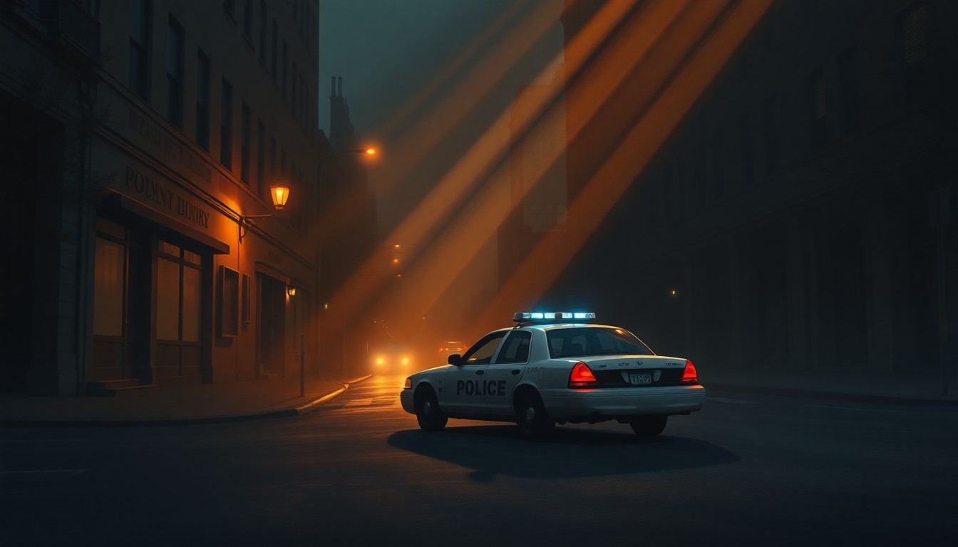A realistic painting of a lone police car parked on a quiet city street, the vehicle's silhouette casting long shadows across the pavement as warm sunlight streams in from an angle, creating a contemplative, cinematic mood that reflects the community's desire for transparent and accountable law enforcement leadership.