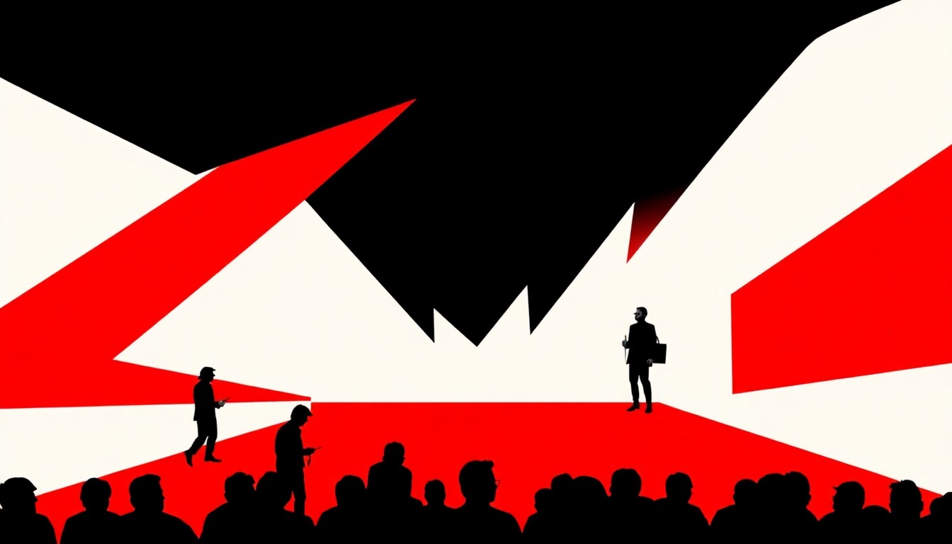 A striking abstract illustration featuring jagged geometric shapes in bold red and black, conceptually representing the immersive, mind-bending nature of the 'Theater of the Mind' experience.